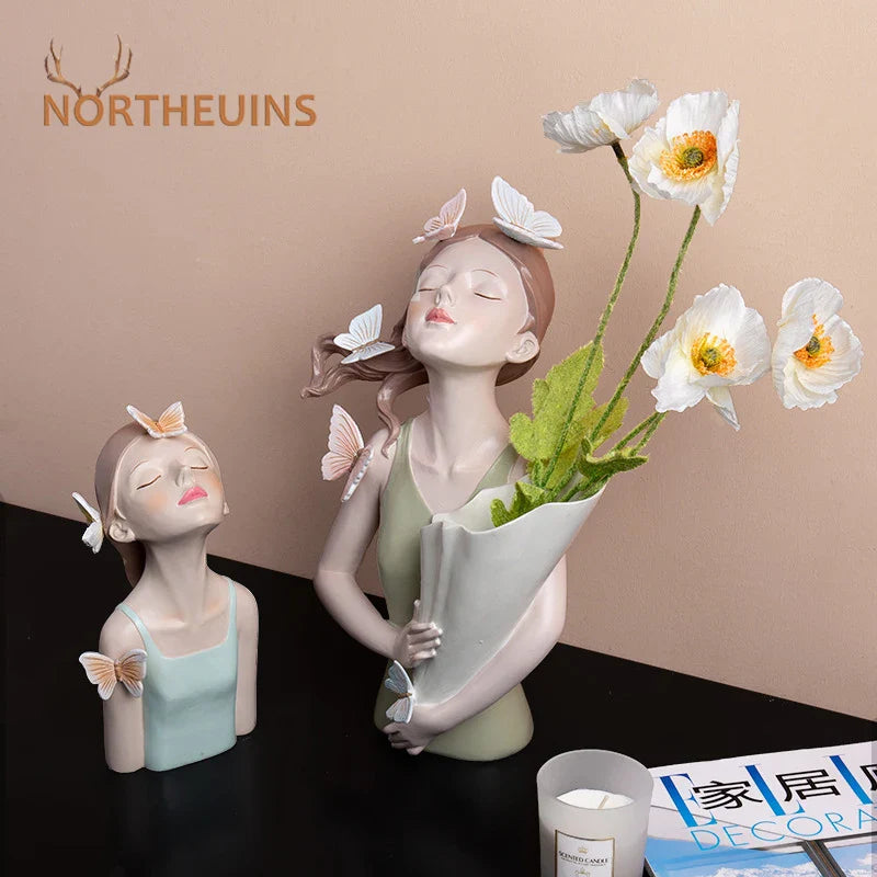 Afralia™ Butterfly Girl Resin Sculpture Vase Modern Home Decor Statues