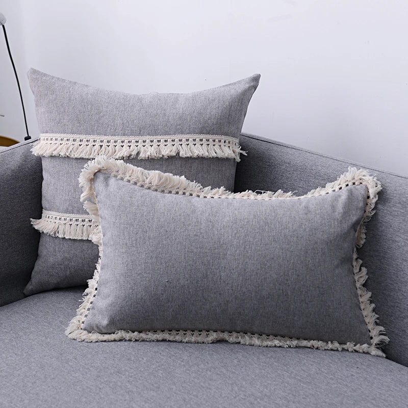 Afralia™ Boho Style Tassel Pillow Cover Set for Sofa Bed, Beige Grey Blue Yellow