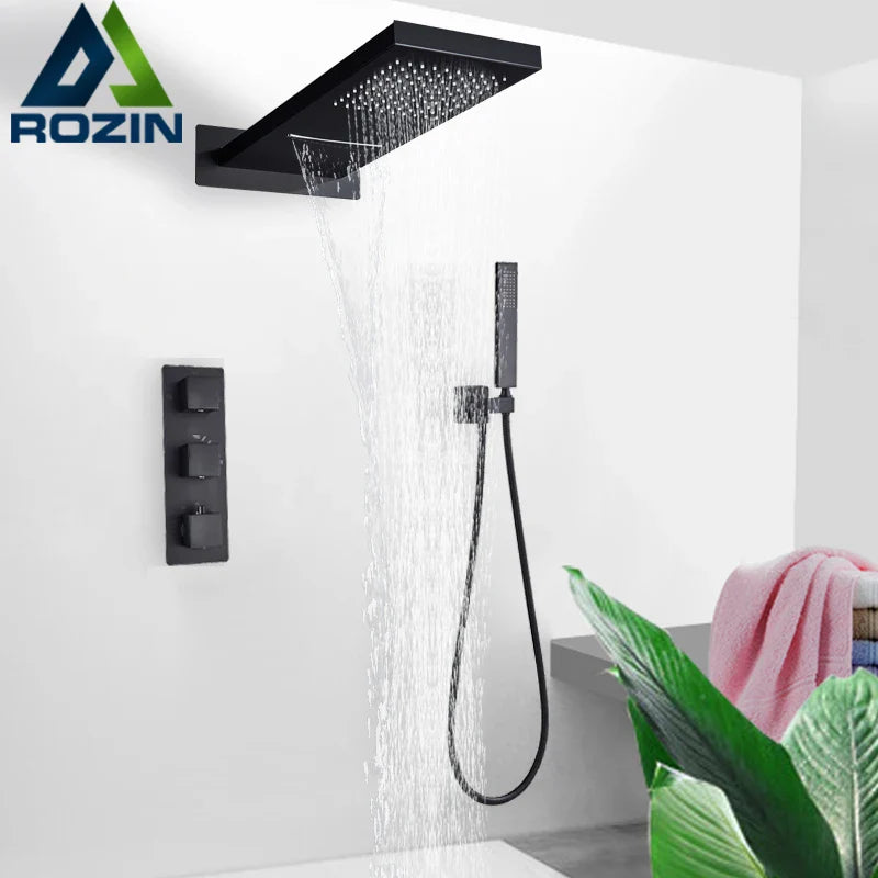 Afralia™ Matte Black Thermostatic Shower Faucet Brass 3-Ways Waterfall Rain Mixer Tap