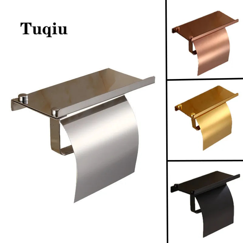 Afralia™ Rose Gold Toilet Paper Holder with Phone Shelf