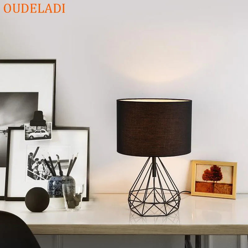 Afralia™ Geometric Gold Desk Lamp with Hollow Diamond Design and Cloth Shade