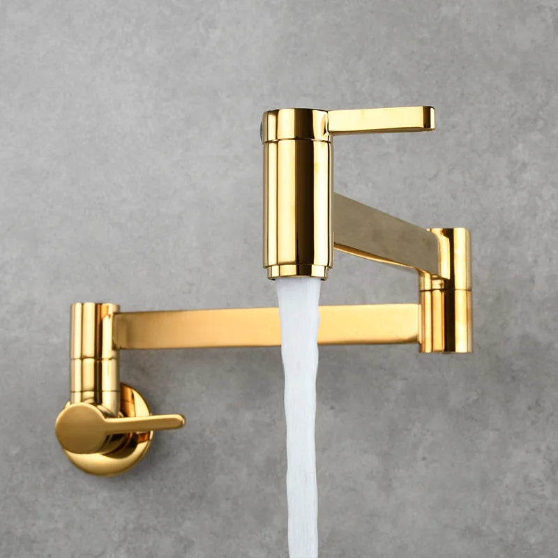 Afralia™ Brushed Gold Brass Wall Mounted Pot Filler Faucet with Rotating Foldable Spout