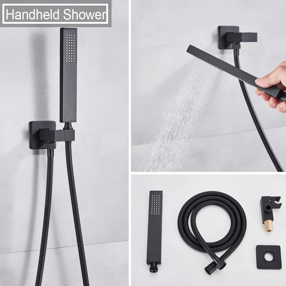 Afralia™ Matte Black Thermostatic Rain Waterfall Shower Set Wall Mounted Triple Shower Faucet