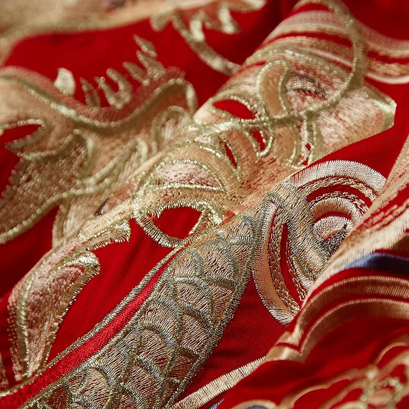 Afralia™ Red Chinese Wedding Gold Phoenix Embroidery Bedding Set, 100% Cotton