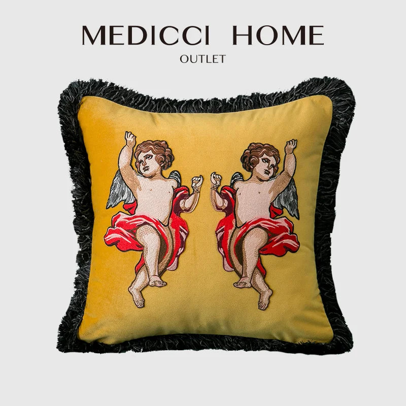 Afralia™ Velvet Angel Embroidered Fringed Cushion Cover 45x45cm - Luxury Retro Coussin