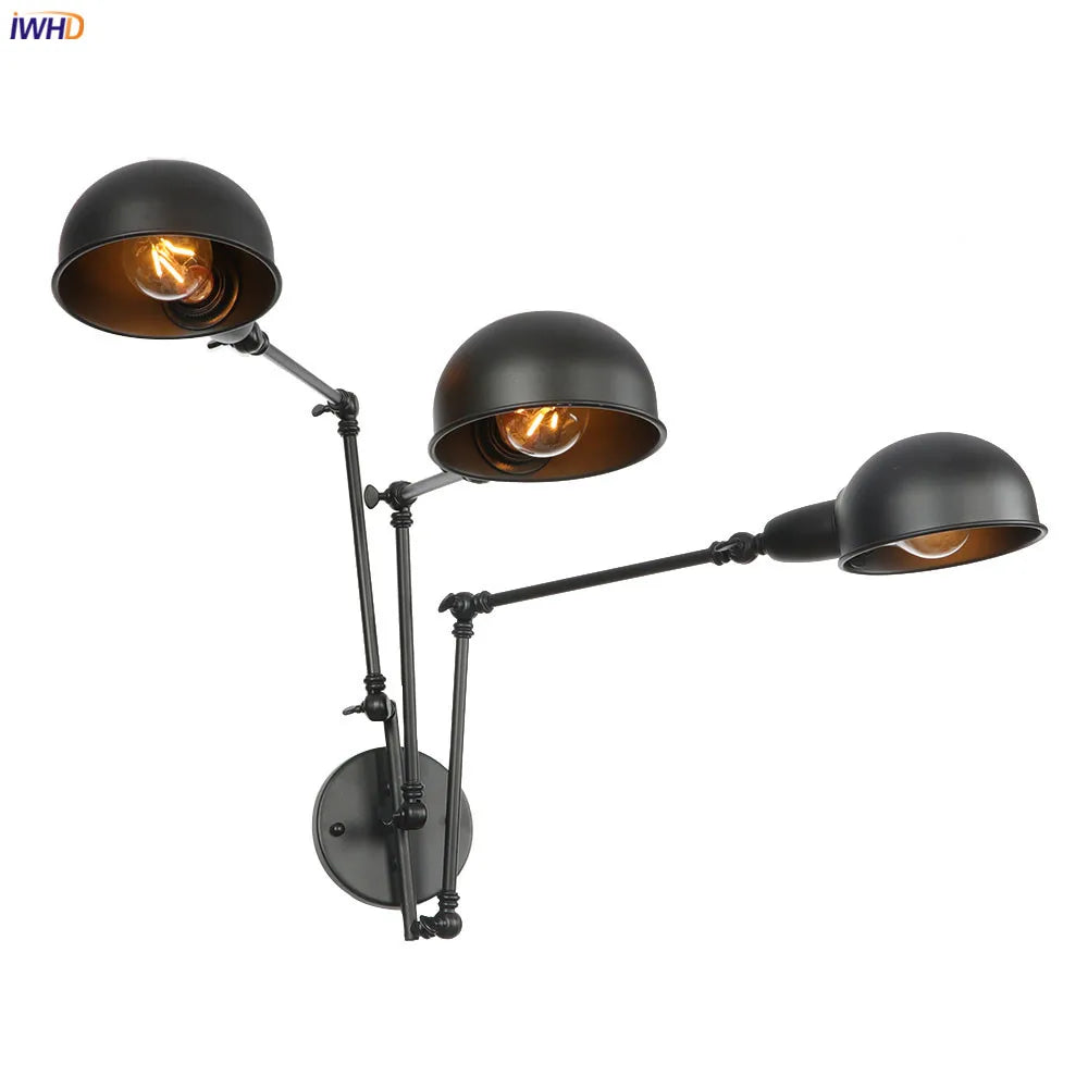 Afralia™ Loft Antique Edison Wall Sconce Swing Arm Wall Light - 3 Heads Black