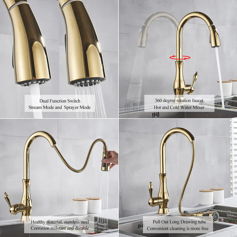 Afralia™ Gold Swivel Spout Kitchen Faucet with Pull Down Sprayer