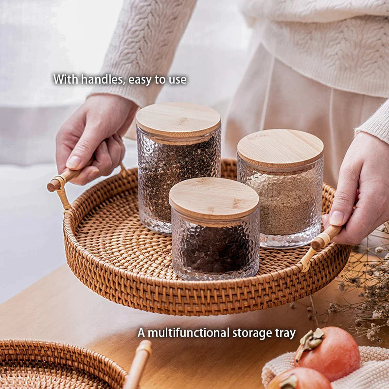 Afralia™ Round Rattan Tray with Wooden Handle for Food, Fruit, and Dinner Serving