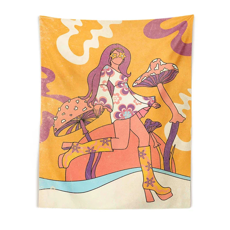 Retro Mushroom Tapestry Wall Hanging - Afralia™ Rainbow Aesthetic Decor Art Print