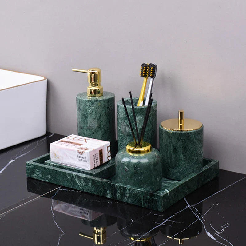Afralia™ Dark Green Marble Bathroom Set - Nordic Light Luxury Tray Toothbrush Holder Soap Dispenser Kit