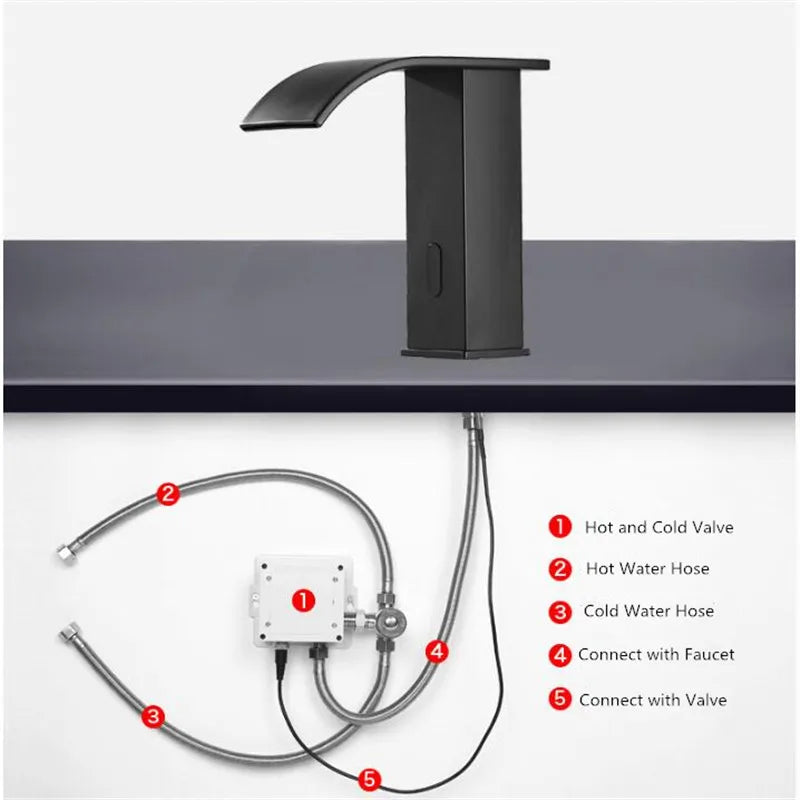 Afralia™ Black Sensor Waterfall Basin Faucet - Automatic Touchless Hot Cold Water Mixer