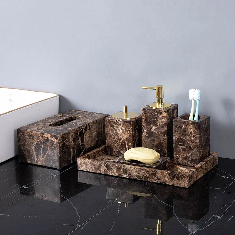 Afralia™ Emperador Dark Marble Bathroom Set: Toothbrush Holder, Soap Dish, Soap Dispenser