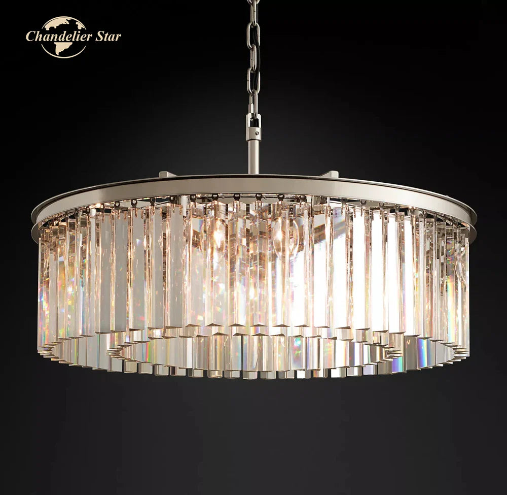 Afralia™ Modern LED Crystal Chandelier Chrome Black Metal Odeon Round Lamp