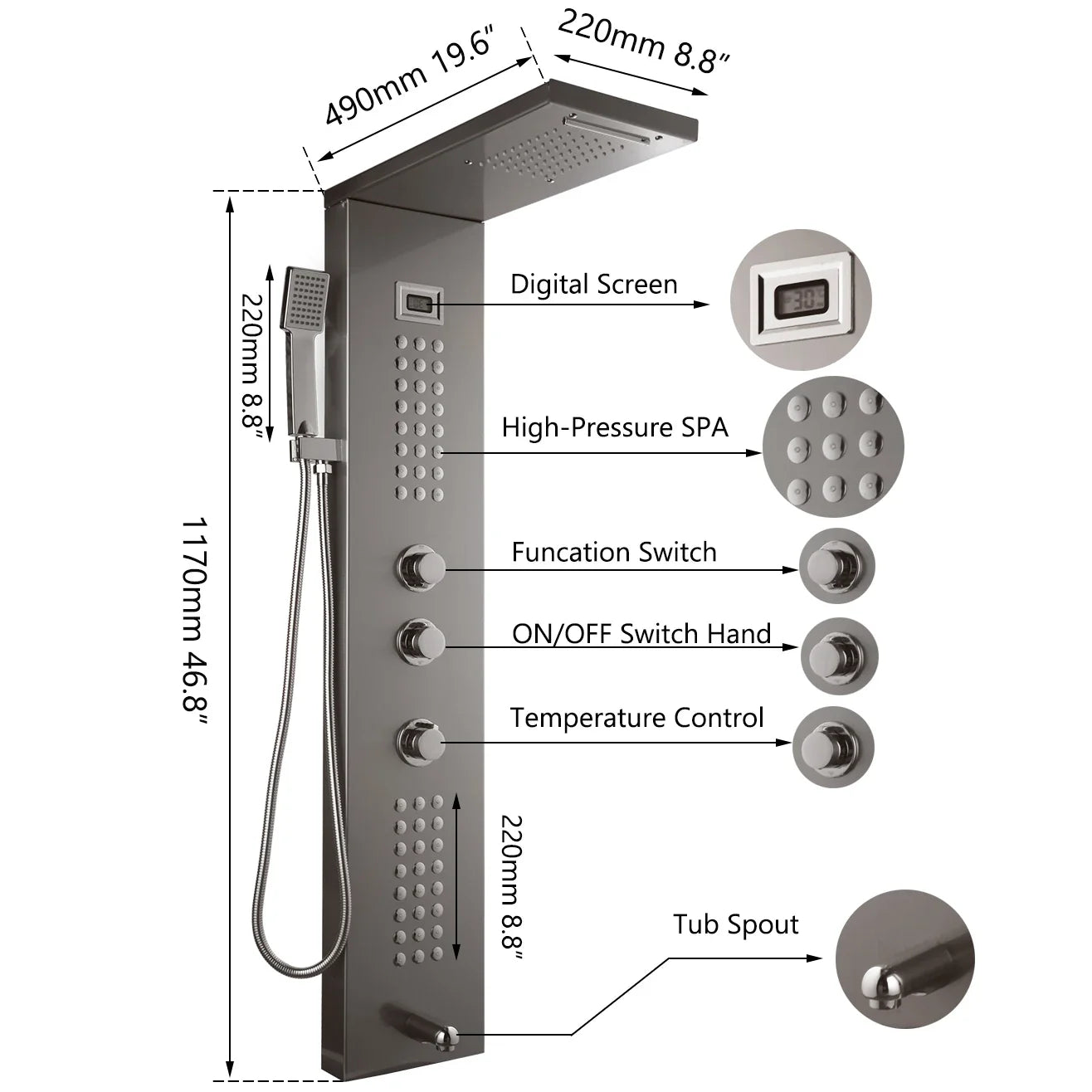 Afralia™ Dark Grey Shower Column with Massage System and Tub Spout
