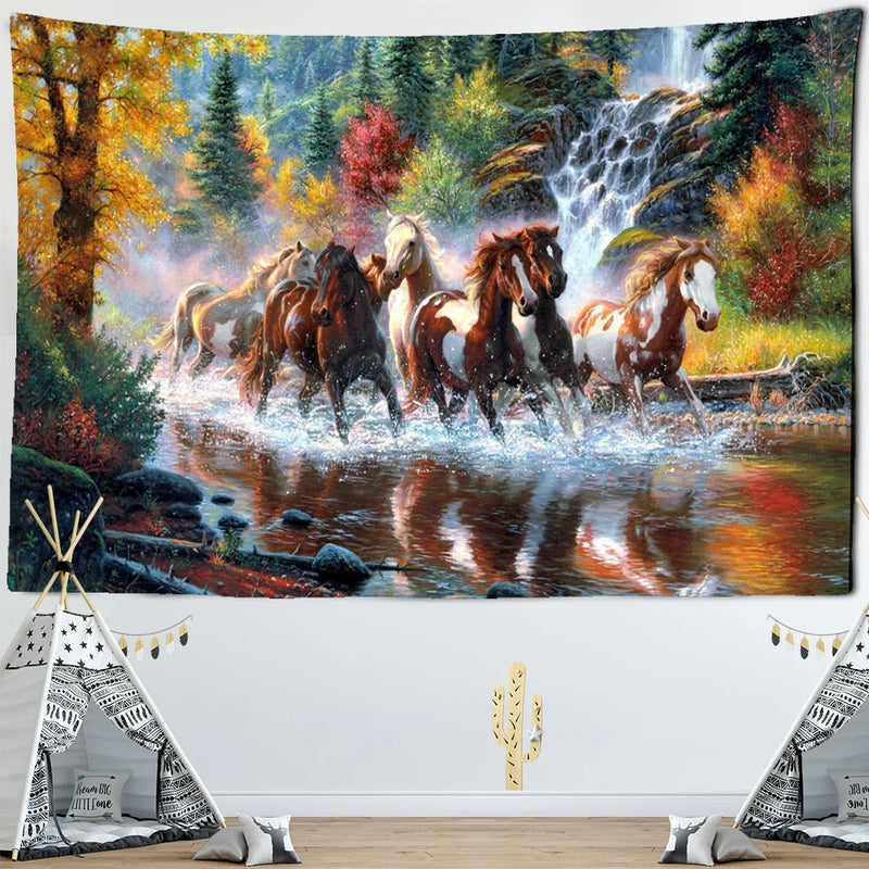 Afralia™ Galloping Horse Tapestry Wall Hanging Ink Painting Boho Nature Decor