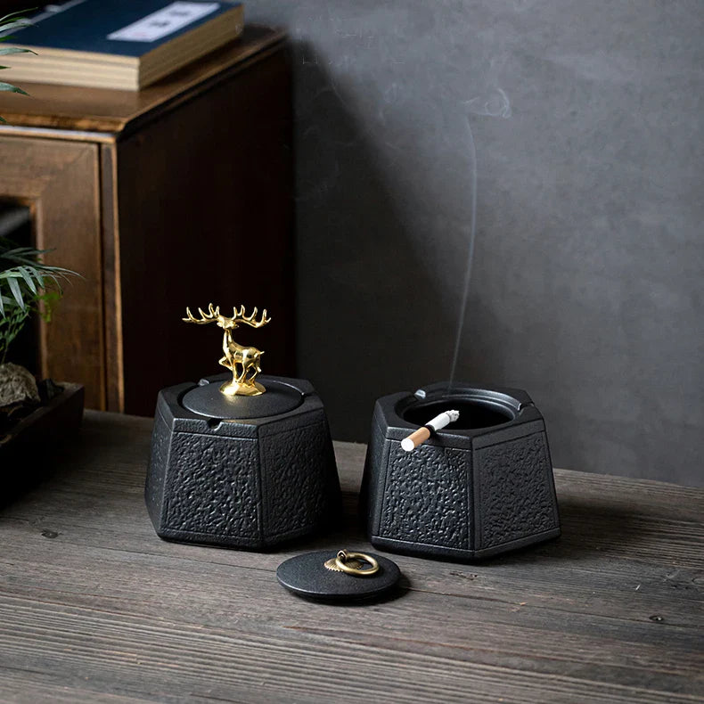 Afralia™ Black Pottery Ashtray with Cover: Stylish, Large Capacity Ceramic Ashtray