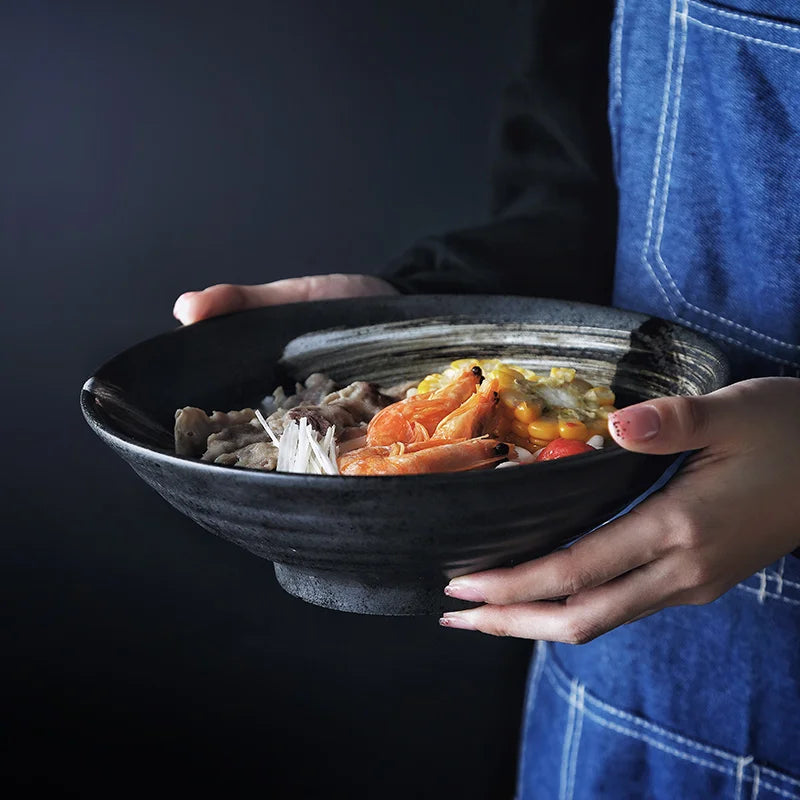 Afralia™ Matte Black Ceramic Noodle Bowl - Round Rice Big Bowl