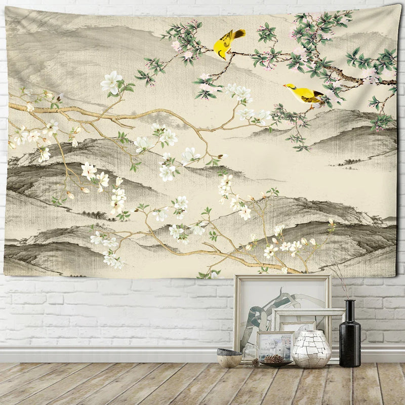 Afralia™ Flower Bird Print Bohemian Wall Tapestry Plum Blossom Art Carpet