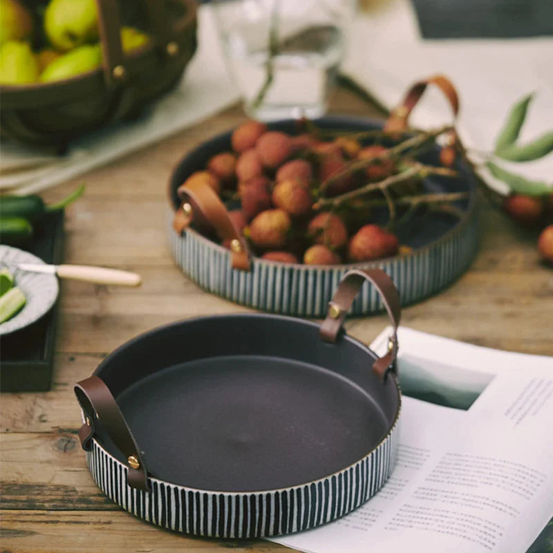 Afralia™ Handmade Porcelain Bowl with Leather Handle - Round Sallow Salad Plate