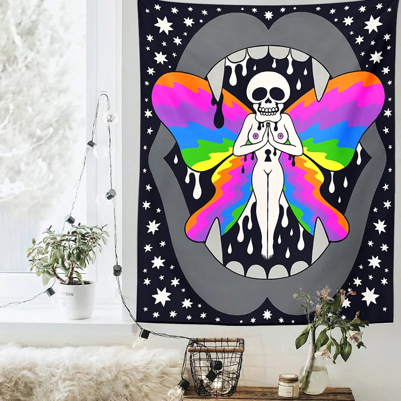 Afralia™ Psychedelic Floral Skull Tapestry Wall Hanging Rug for Bedroom and Living Room