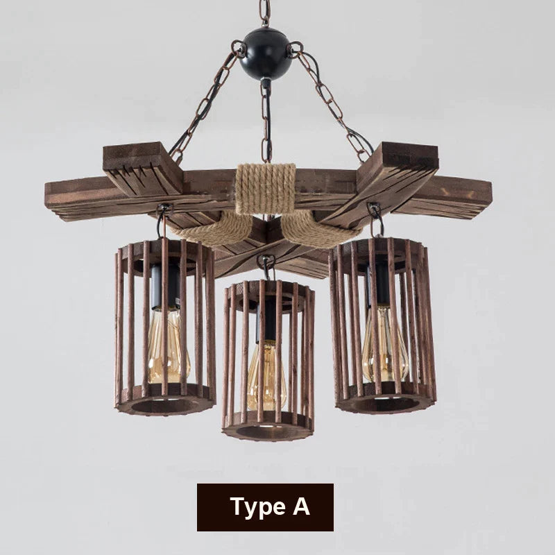 Afralia™ Retro Hemp Rope Chandelier Wood Pendant Light for Bar, Restaurant, Salon