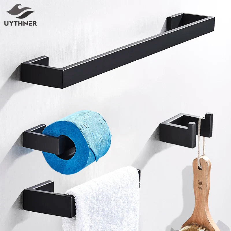 Afralia™ Black Bathroom Hardware Set: Robe Hook, Towel Bar, Shelf, Tissue Holder, Toothbrush Organizer