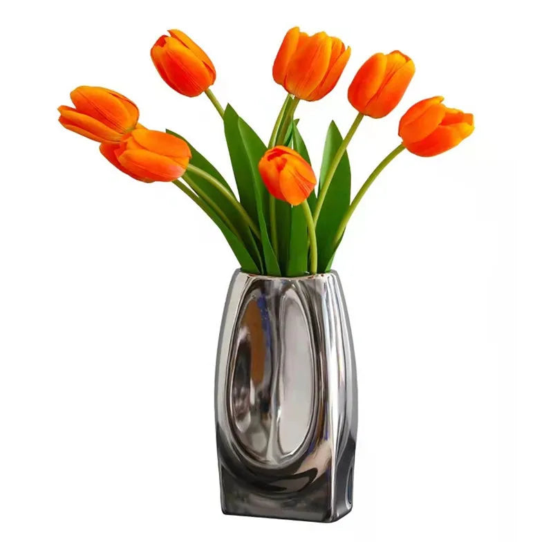 Afralia™ Silver Ceramic Folded Lines Vase for Flower Arrangement and Hydroponics