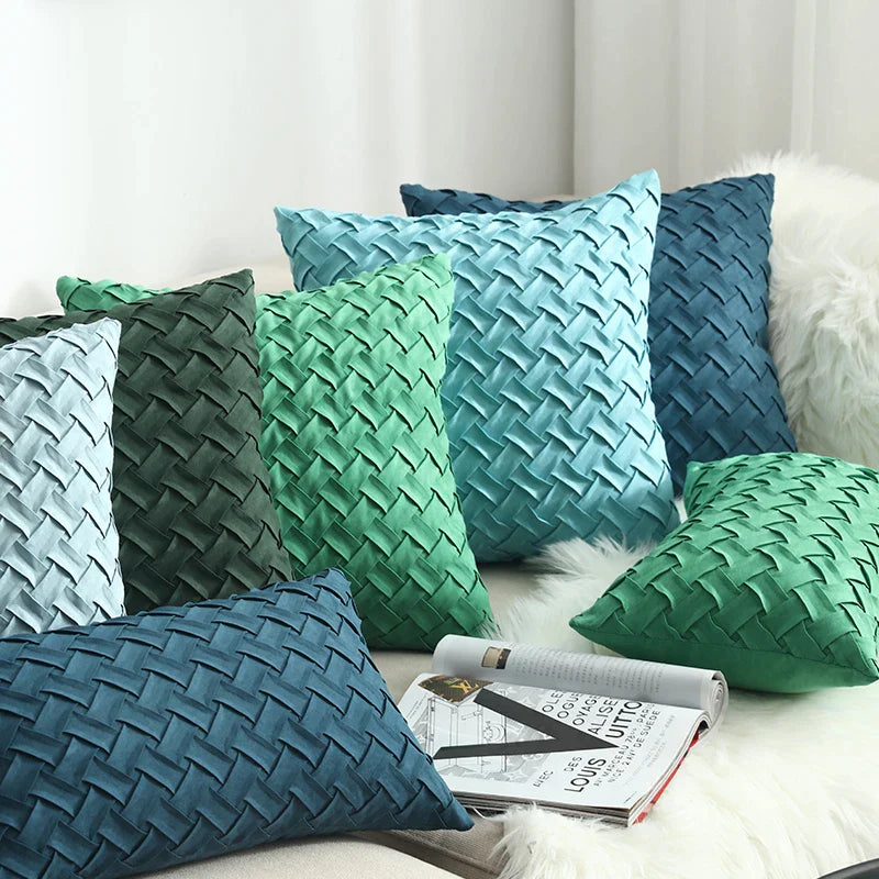 Afralia™ Soft Faux Suede Navy Pillow Cover with Woven Green Pattern