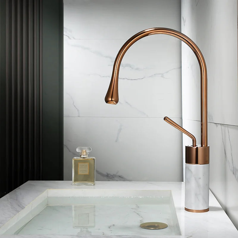 Afralia™ Rose Gold Brass and Marble Basin Faucet, Hot and Cold Sink Mixer Tap