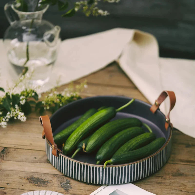 Afralia™ Handmade Porcelain Bowl with Leather Handle - Round Sallow Salad Plate