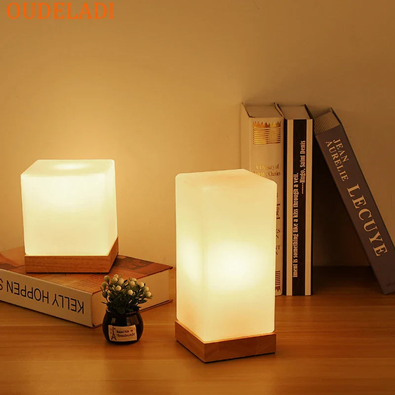 Afralia™ Solid Wood Glass Night Light Warm Living Room Bedside Lamp