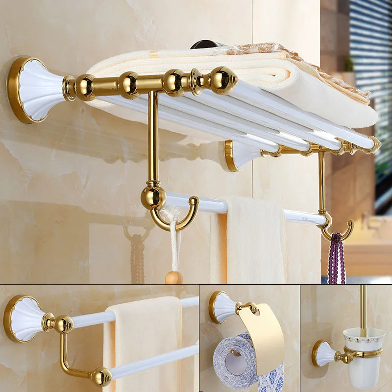 Afralia™ Gold & White Bathroom Accessories Set: Corner Shelf, Paper Holder, Towel Holder, Toilet Brush Holder, Towel Rack