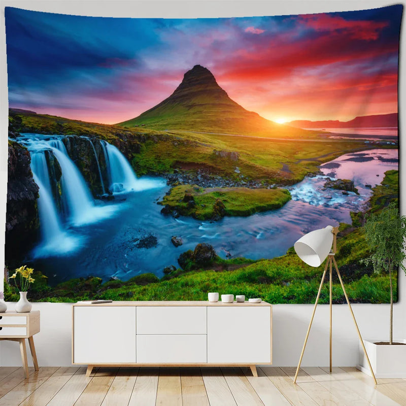 Afralia™ Sunrise Mountains Rivers Tapestry Wall Hanging Psychedelic Home Decor