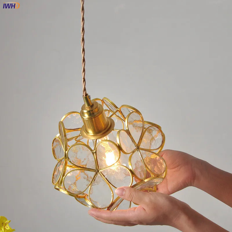 Afralia™ Nordic Flower Copper Glass LED Pendant Light for Bedroom Dinning Living Room