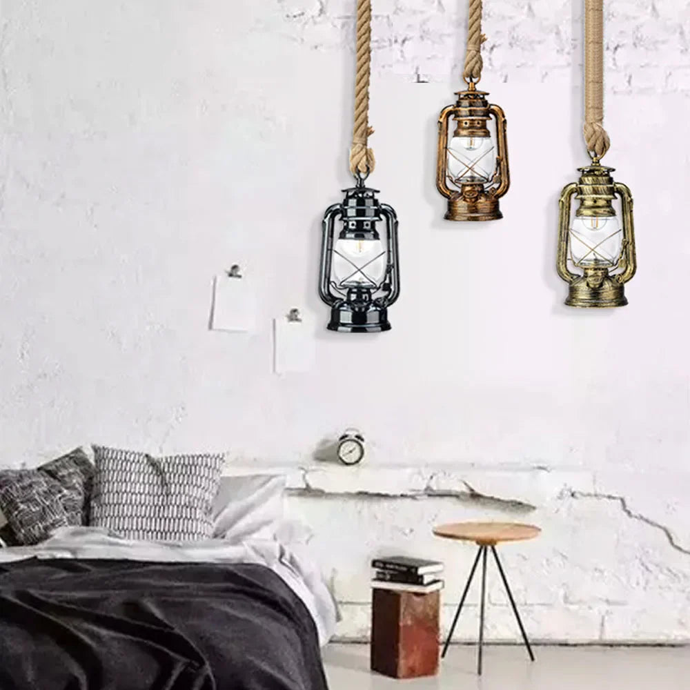 Afralia™ Retro Industrial Hemp Rope Kerosene Pendant Chandelier LED Ceiling Lamp