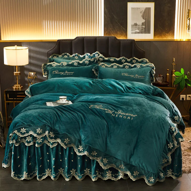 Afralia™ Velvet Bedding Set with Gold Embroidery & Ruffles