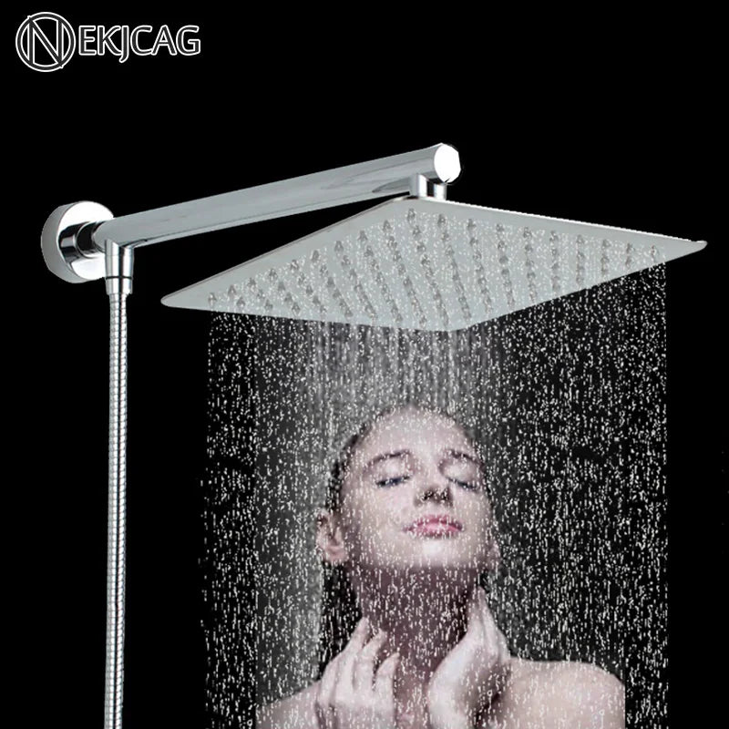 Afralia™ Square Chrome Rainfall Shower Head Set with Arm, Hose - 8" 10" 12" Sizes