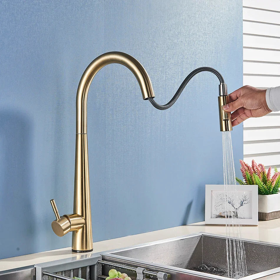 Afralia™ Gold Swivel Kitchen Faucet with Pull Down Sprayer