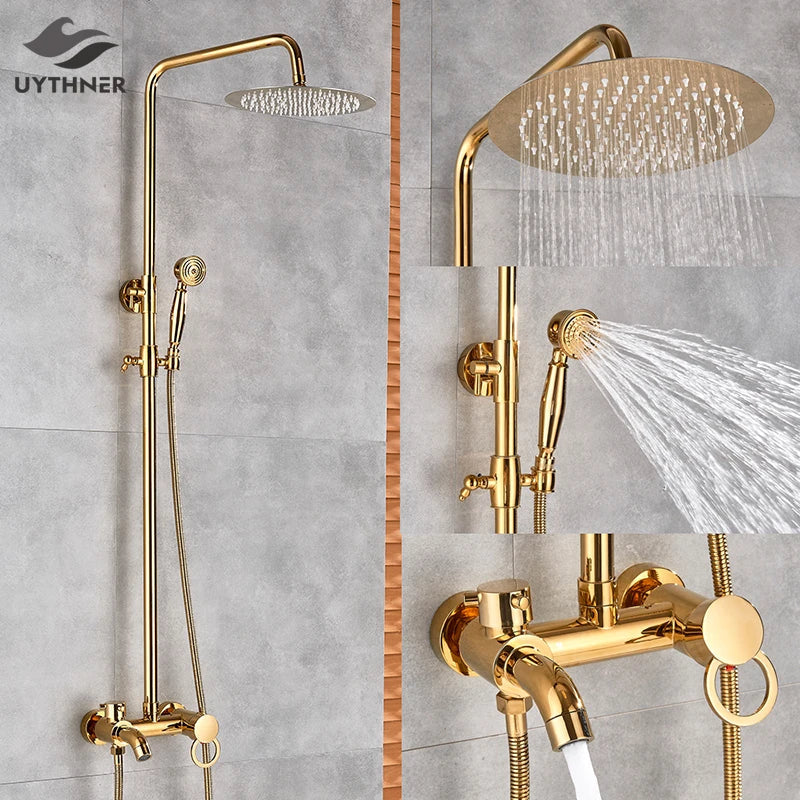 Afralia™ Gold Polish 8" Rain Shower System Wall Mounted Bathtub Faucet