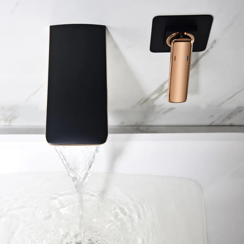 Afralia™ Rose Gold & Black Basin Faucet Set: In-Wall Waterfall Mixer Tap