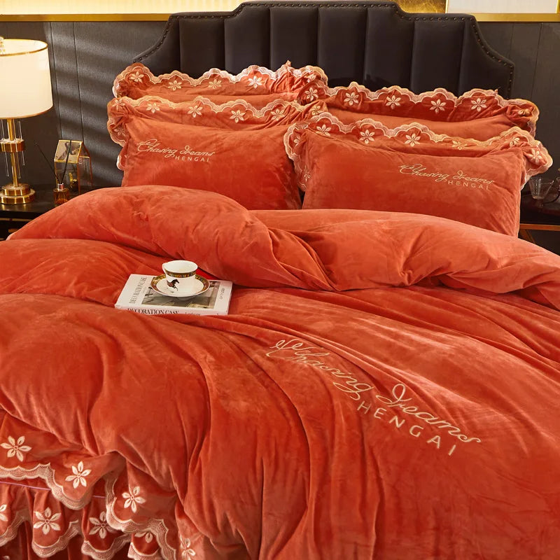 Afralia™ Velvet Bedding Set with Gold Embroidery & Ruffles