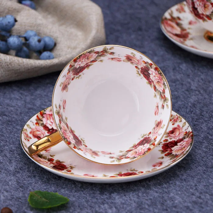 Afralia™ Elegant Floral Tea Set - 200ml Capacity Bone China Cup, Saucer, and Spoon