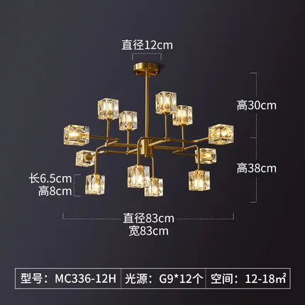 Afralia™ Square Crystal Chandelier Artistic Branches Luxury Gold Light Fixtures Living Room Kitchen Lighting
