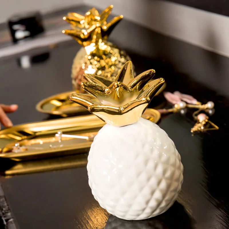 Afralia™ Luxury Pineapple Figurine Gold Black Home Office Decor Craft Gift