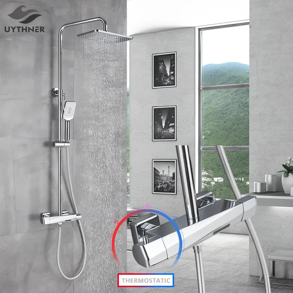 Afralia™ Chrome Thermostatic Shower Faucet Set with Rain Shower Head