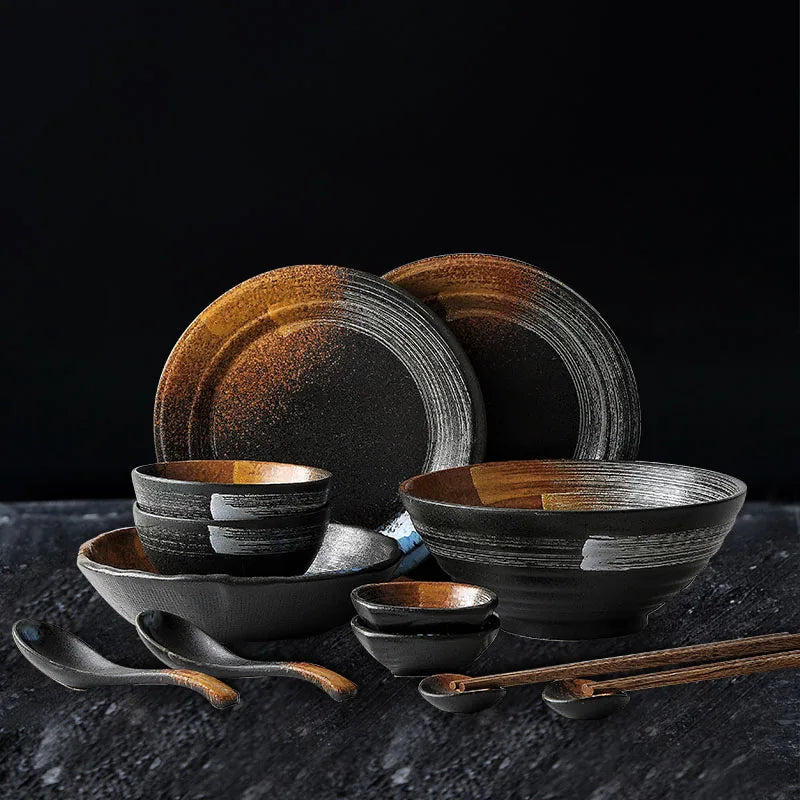 Afralia™ Ceramic Japanese Dinner Set - Retro Tableware Collection