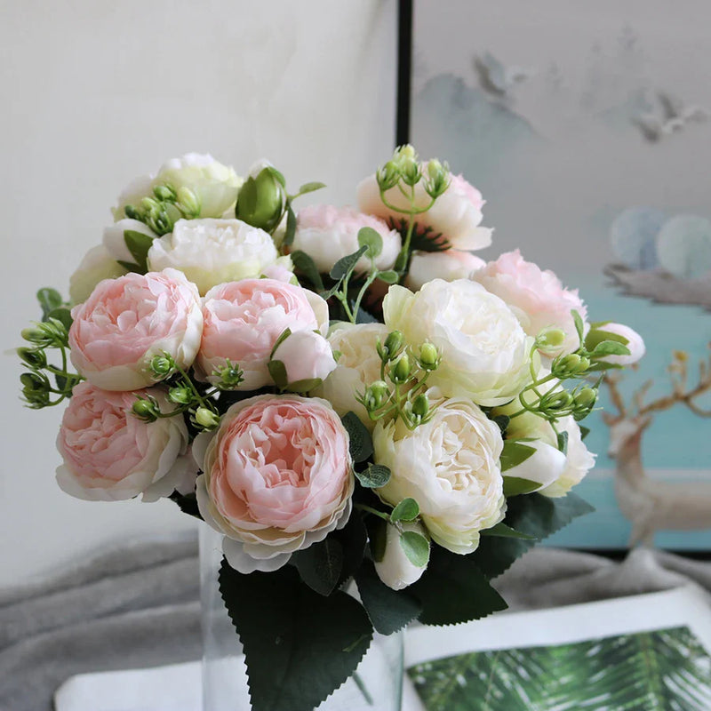 Afralia™ Peony Rose Bouquet Silk Vase Home Garden Wedding Fake Plants Decor