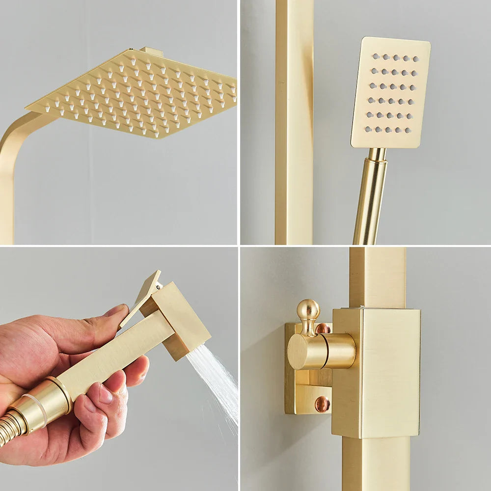 Afralia™ Brushed Gold 4-Way Brass Shower Set with Bidet Mixer Tap