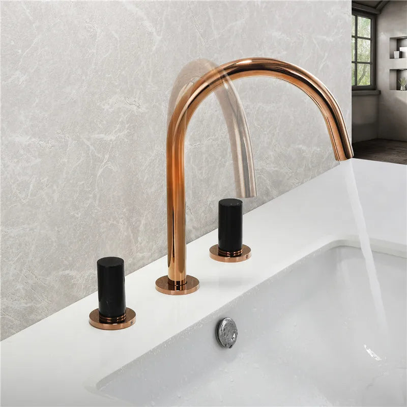Afralia™ Rose Gold & Black Widespread Basin Faucet: Solid Brass Sink Mixer