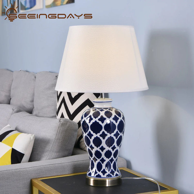 Afralia™ Blue Ceramic Table Lamp - American Retro LED Table Lamp for Bedroom, Living Room